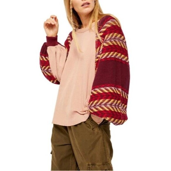 Free People Top Sz M Rainbow Dreams Thermal Knit Wide Sleeves Arizona Sands boho - Picture 3 of 16